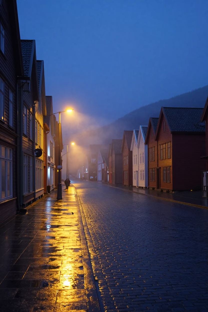 Bergen Norway Predawn Street Scene with Steam Haze and Local Morning Routine in in Bergen, Norway