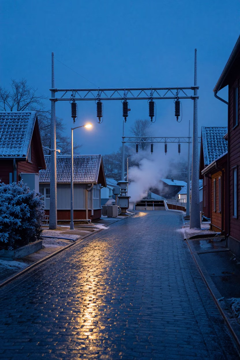 Bergen Norway Predawn Substation Hoarfrost and Damp Cobblestone Street Reflections in in Bergen, Norway