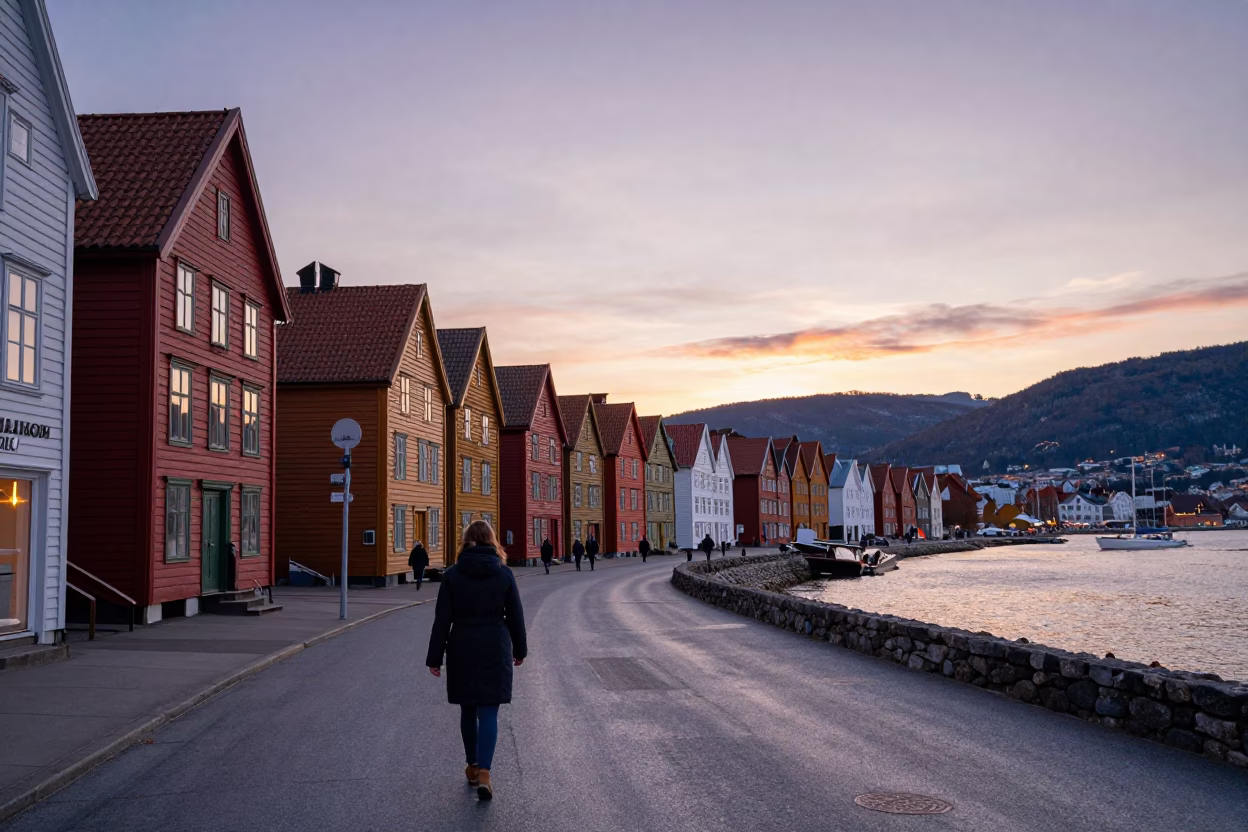 Bergen Norway Street Scene at Dusk with Colorful Houses and Local Activity in in Bergen, Norway