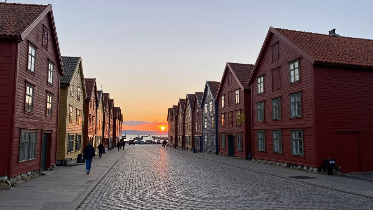 Bergen Norway Street Scene at Dusk with Red Wharf Houses and Vintage Car in in Bergen, Norway