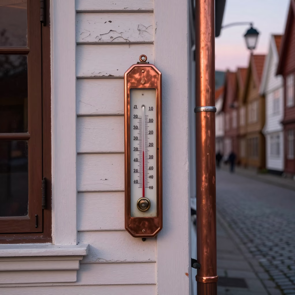 Bergen Norway Street Scene Copper Light Before Dusk with Thermometer on Wall in in Bergen, Norway
