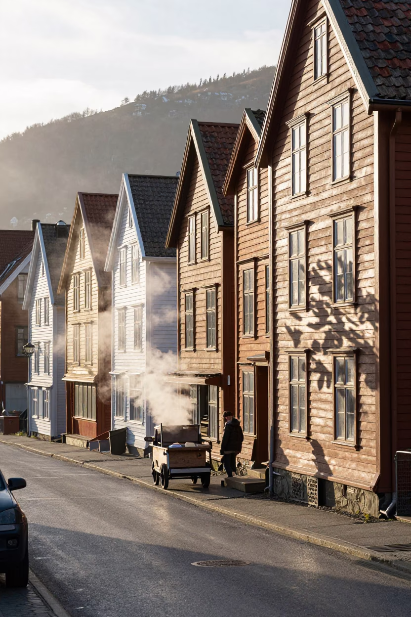 Bergen Norway street scene just after sunrise with steam and leaf shadows in in Bergen, Norway