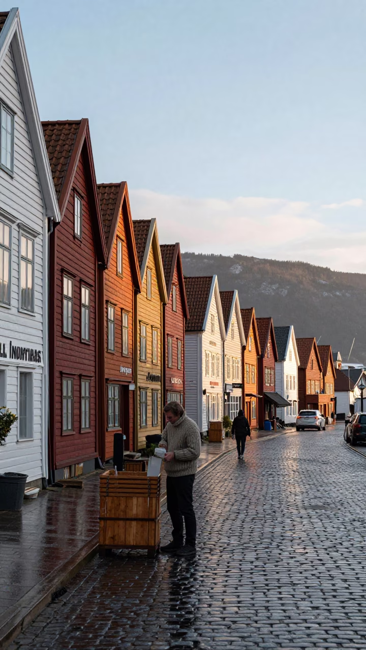 Bergen Norway street scene just after sunrise with traditional wooden houses and wet cobblestones in in Bergen, Norway