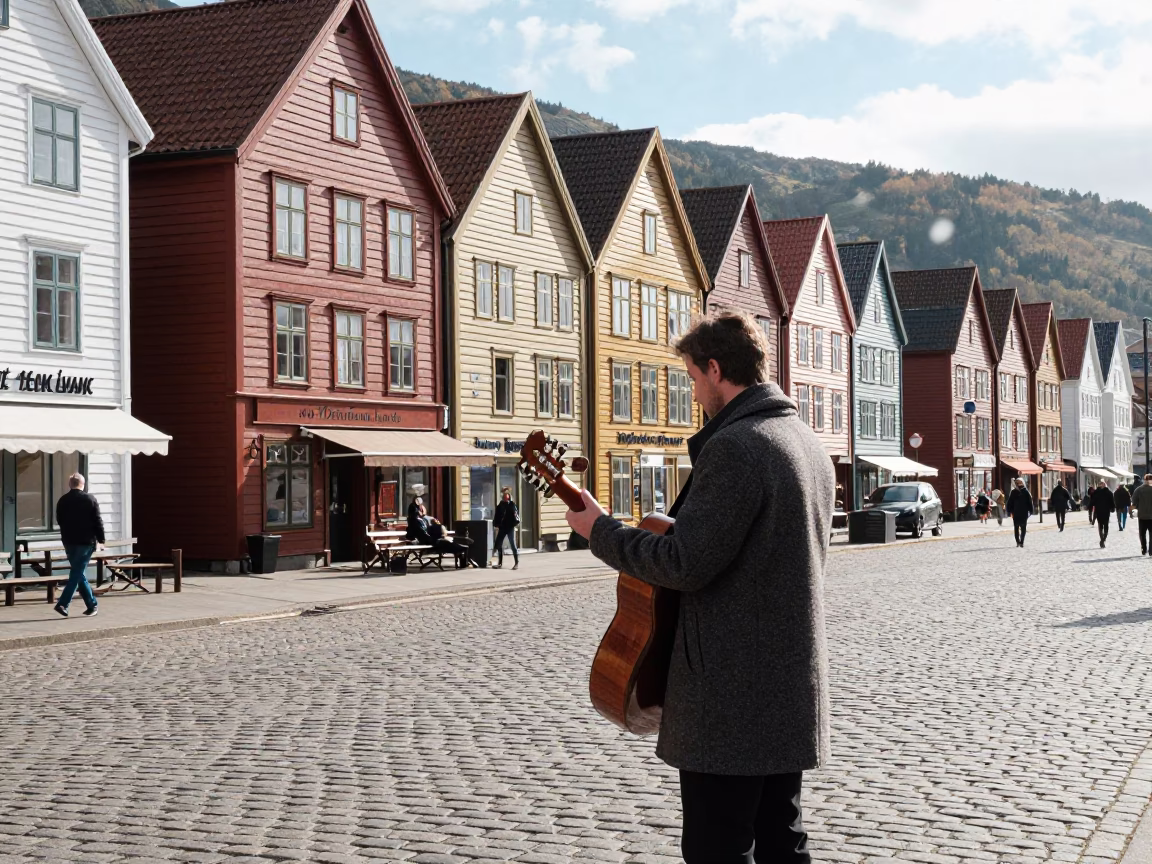 Bergen Norway Street Scene Midmorning Light with Guitar and Cobblestone Alleyway in in Bergen, Norway