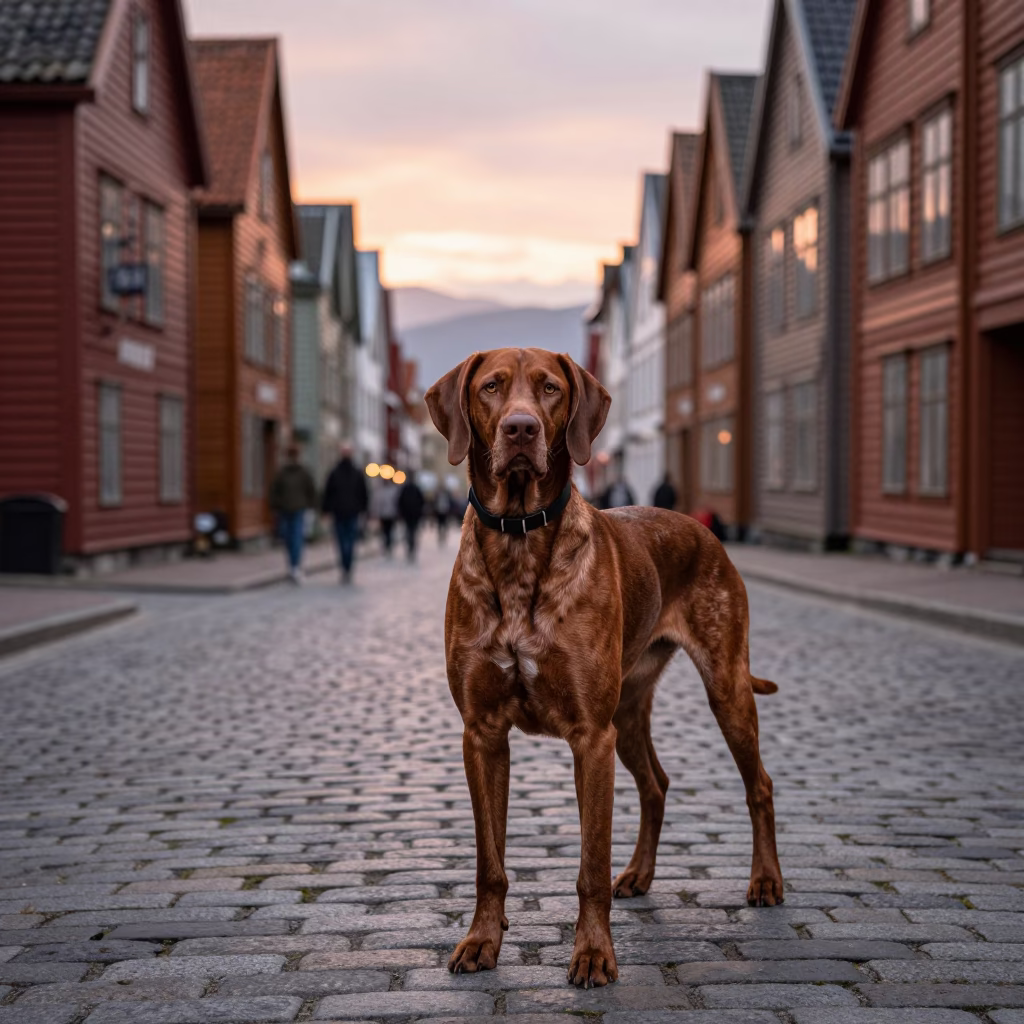 Bergen Norway street scene with German Shorthaired Pointer in copper dusk light in in Bergen, Norway