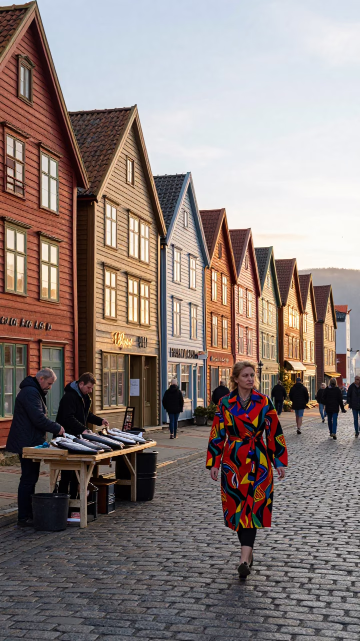 Bergen Norway Sunrise Street Scene with Vintage Fashion and Local Details in in Bergen, Norway