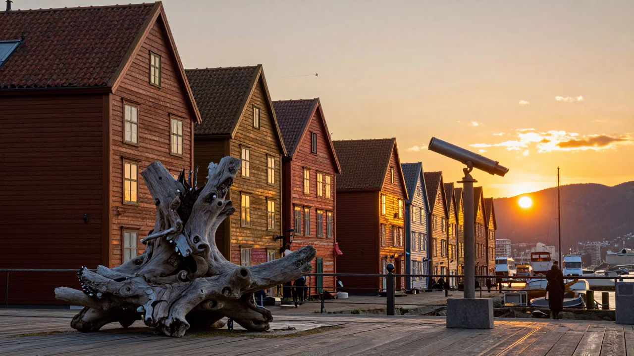 Bergen Norway Sunset at Bryggen Wharf with Driftwood and Telescope Dome in in Bergen, Norway