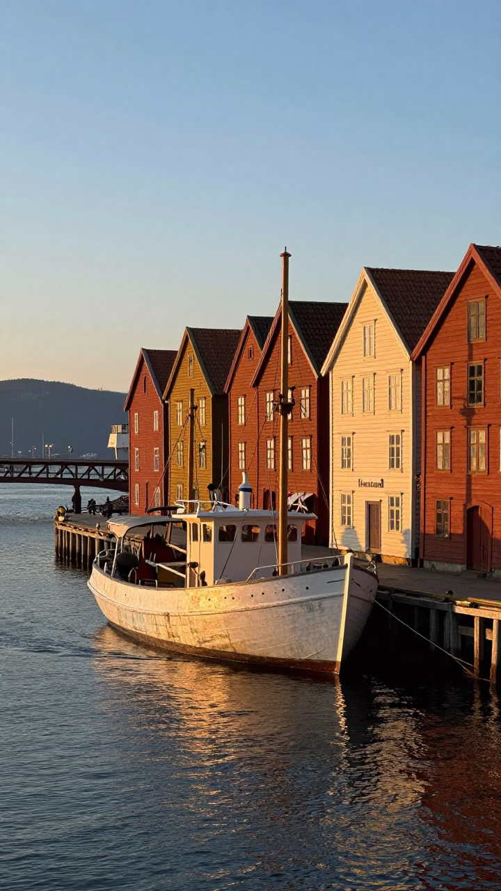 Bergen Norway Sunset Harbor Scene with Junk Boat and Bridge Pier in in Bergen, Norway