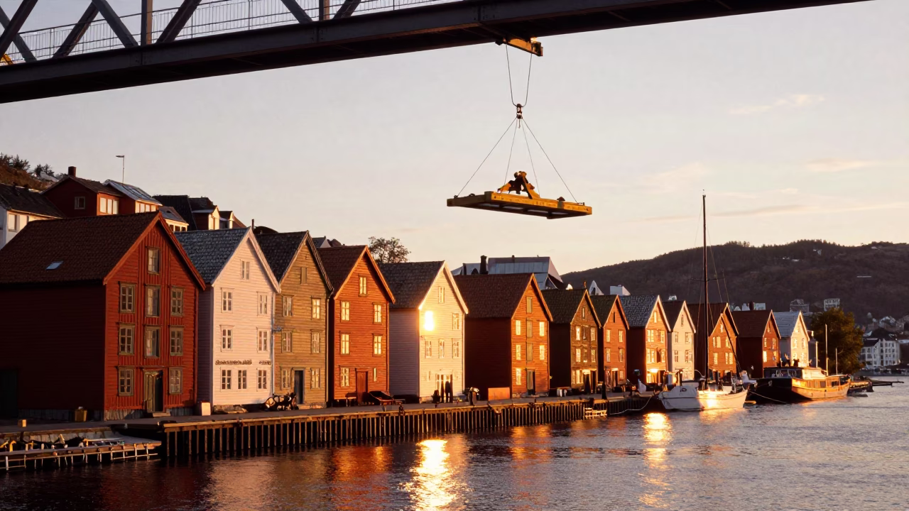 Bergen Norway Sunset Harbor View with Bridge Maintenance Cradle and Fjord Mountains in in Bergen, Norway