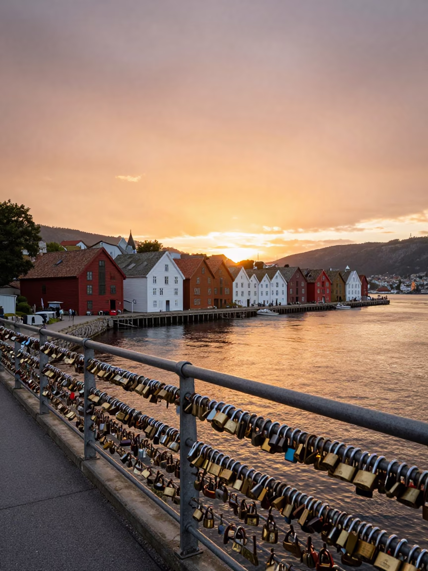 Bergen Norway Sunset Harbor View with Padlocks on Railing in in Bergen, Norway