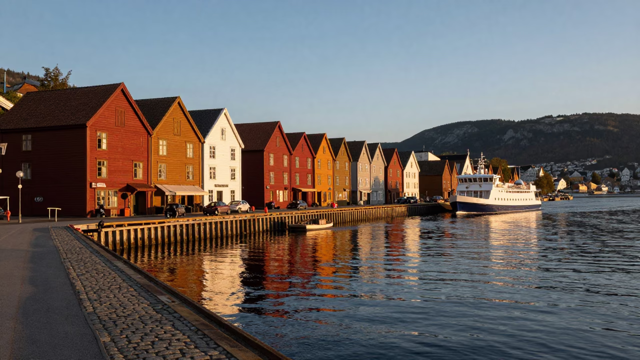 Bergen Norway Sunset Harbor Waterfront Reflections and Local Street Life in in Bergen, Norway
