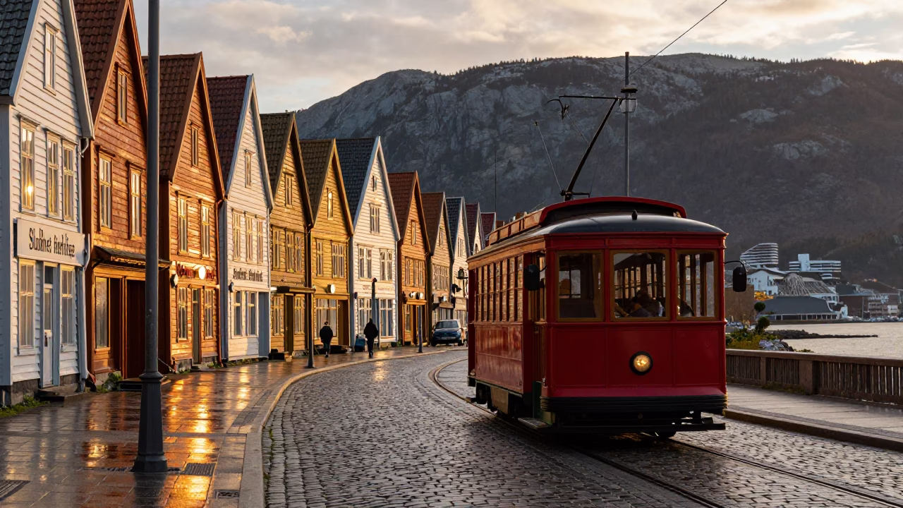 Bergen Norway Sunset Heritage Tram on Cobblestone Avenue with Pomegranate Tree in in Bergen, Norway