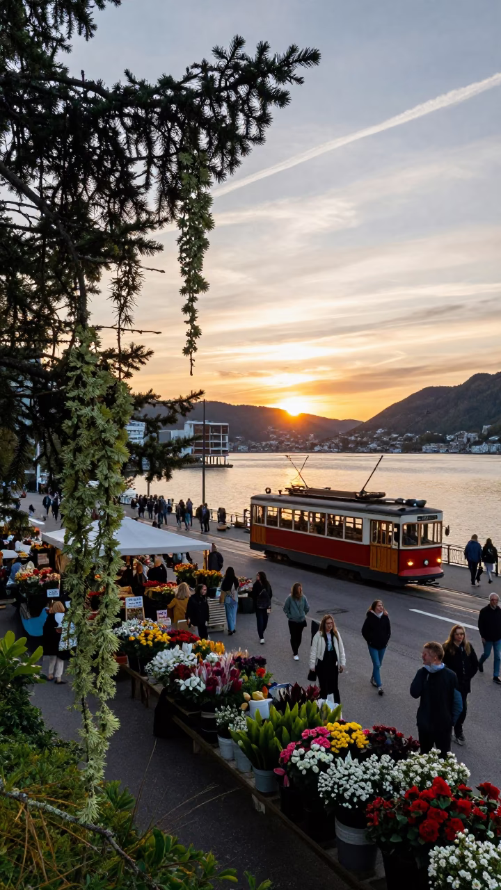 Bergen Norway Sunset Lichen Conifer Flower Market Tram Bridge Pier Ladder in in Bergen, Norway