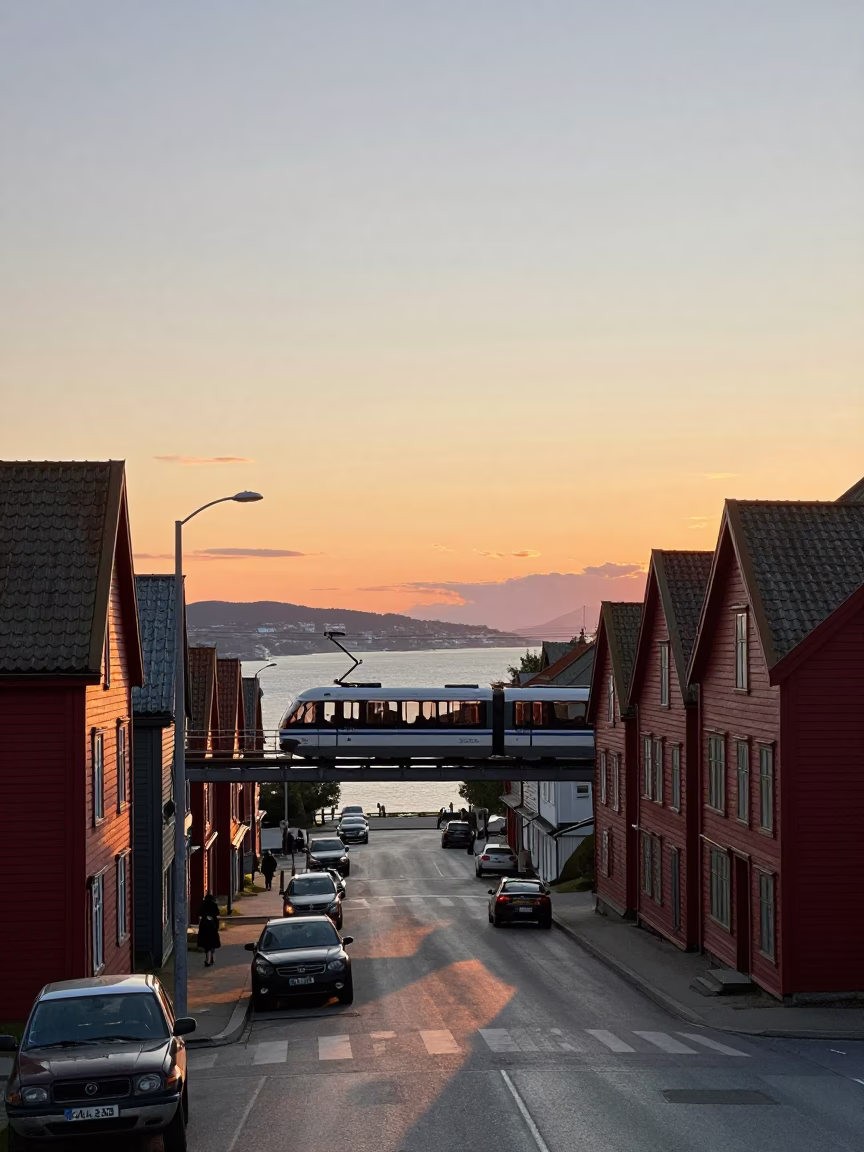 Bergen Norway Sunset Monorail Crossing Over Urban Streets with Coastal Architecture in in Bergen, Norway