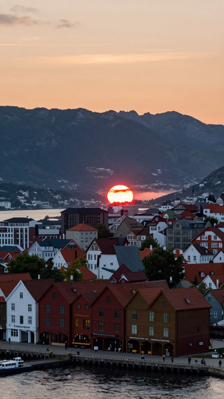 Bergen Norway Sunset Over Bryggen Wharf Colorful Hanseatic Houses and Harbor Water in in Bergen, Norway
