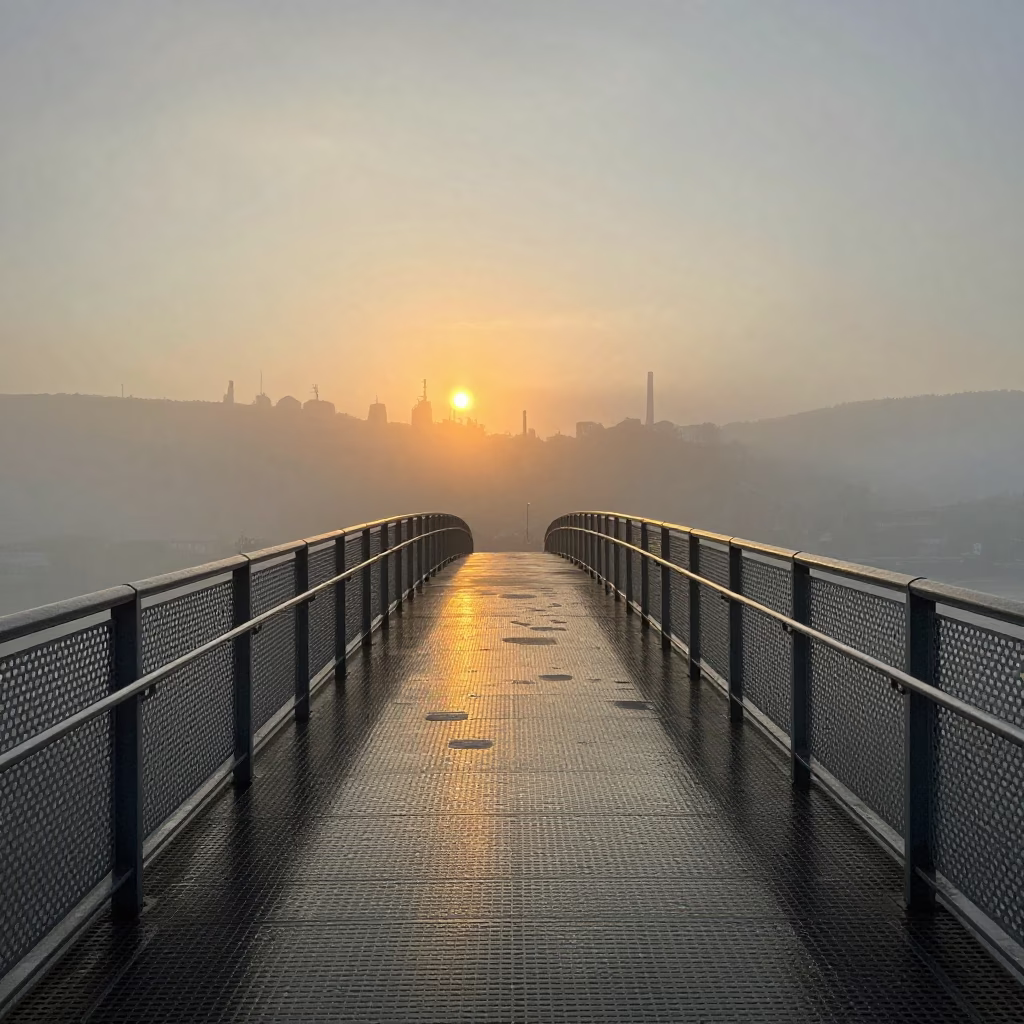 Bergen Norway Sunset Pedestrian Overpass Wet Footsteps and Industrial Fog in in Bergen, Norway