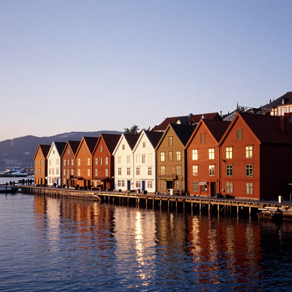 Bergen Norway Sunset Skytterbryggen Wharf Wooden Houses and Fjord View in in Bergen, Norway