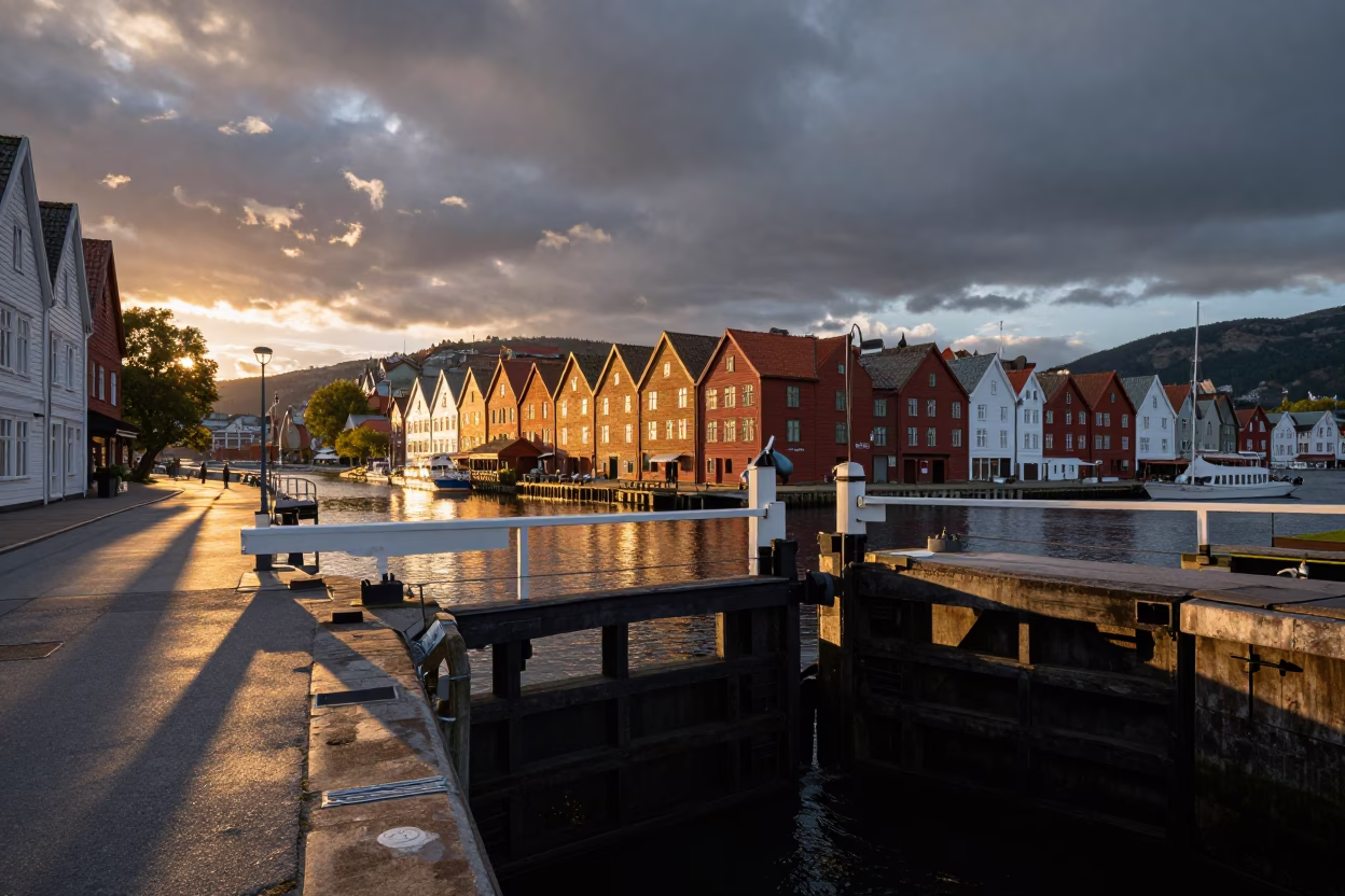 Bergen Norway Sunset Street Scene with Canal Lock Gate and Traditional Wharf in in Bergen, Norway