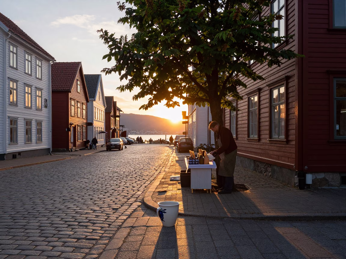 Bergen Norway Sunset Street Scene with Ceramic Cup and Chestnut Tree in in Bergen, Norway