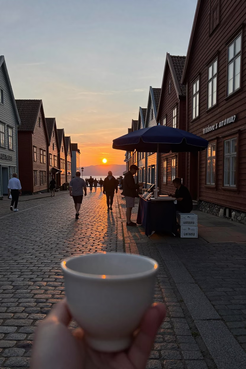 Bergen Norway Sunset Street Scene with Ceramic Cup and Umbrella in in Bergen, Norway