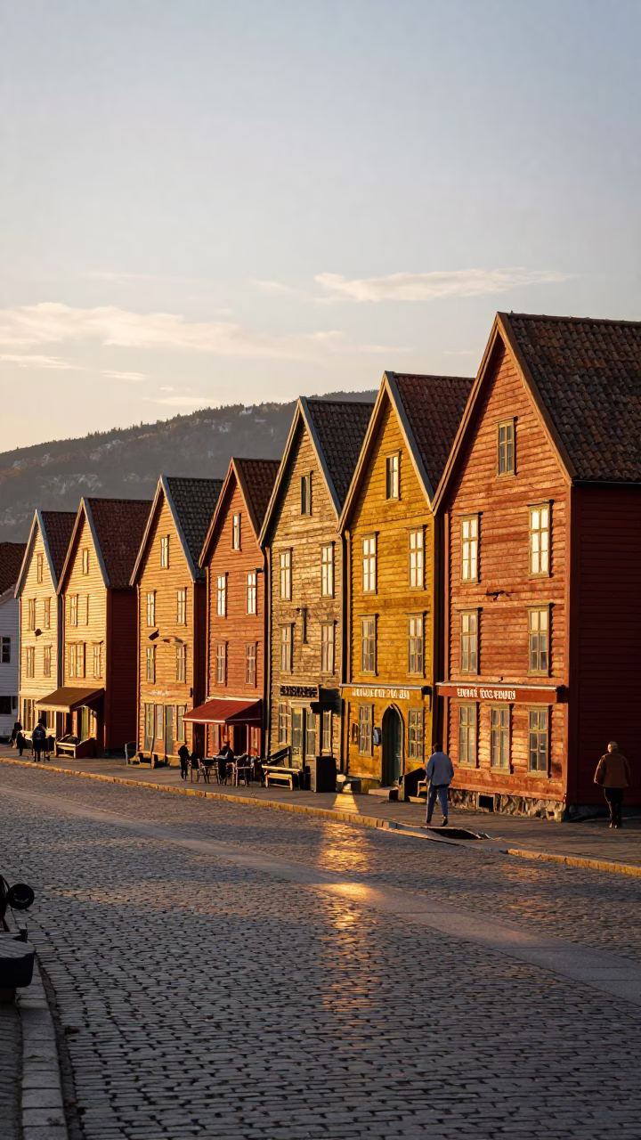 Bergen Norway Sunset Street Scene with Colorful Rorbuer Houses and Canal in in Bergen, Norway
