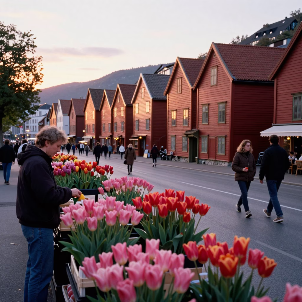Bergen Norway Sunset Street Scene with Colorful Tulips and Urban Architecture in in Bergen, Norway