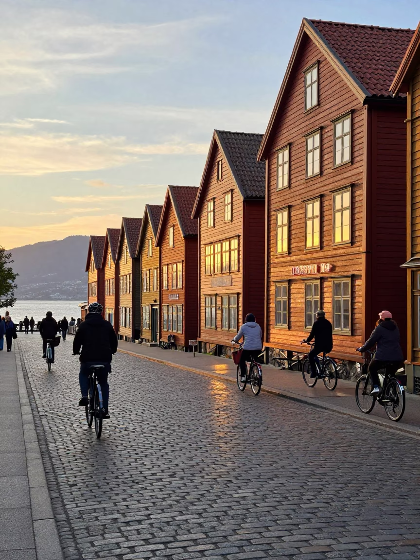 Bergen Norway sunset street scene with cyclists and colorful Hanseatic houses in in Bergen, Norway