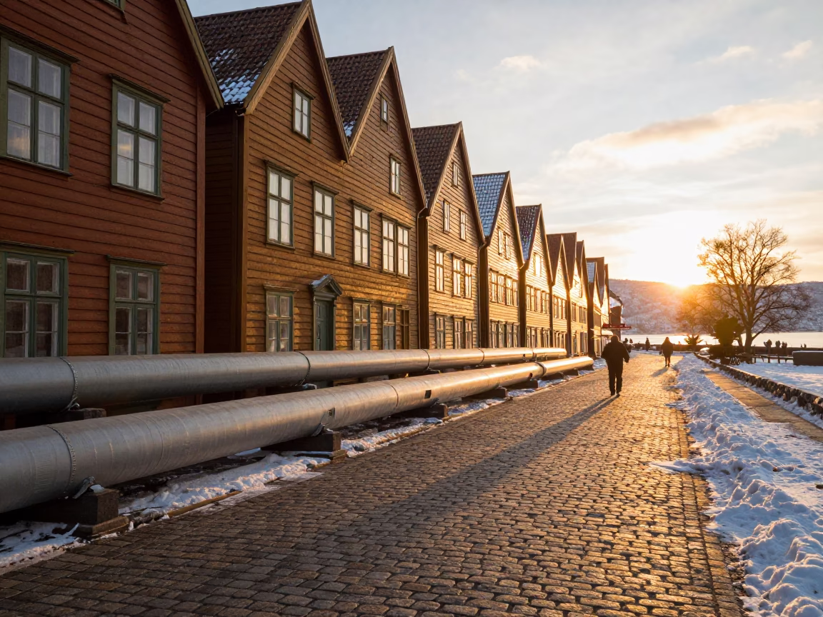 Bergen Norway Sunset Street Scene with District Heating Pipes and Snow in in Bergen, Norway