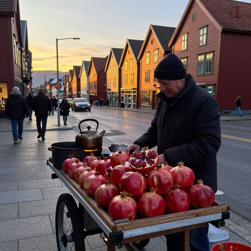 Bergen Norway Sunset Street Scene with Pomegranate and Kettle in in Bergen, Norway