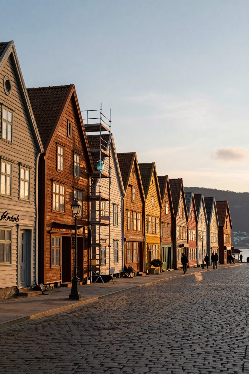 Bergen Norway Sunset Street Scene with Scaffolding and Glass Jar in in Bergen, Norway