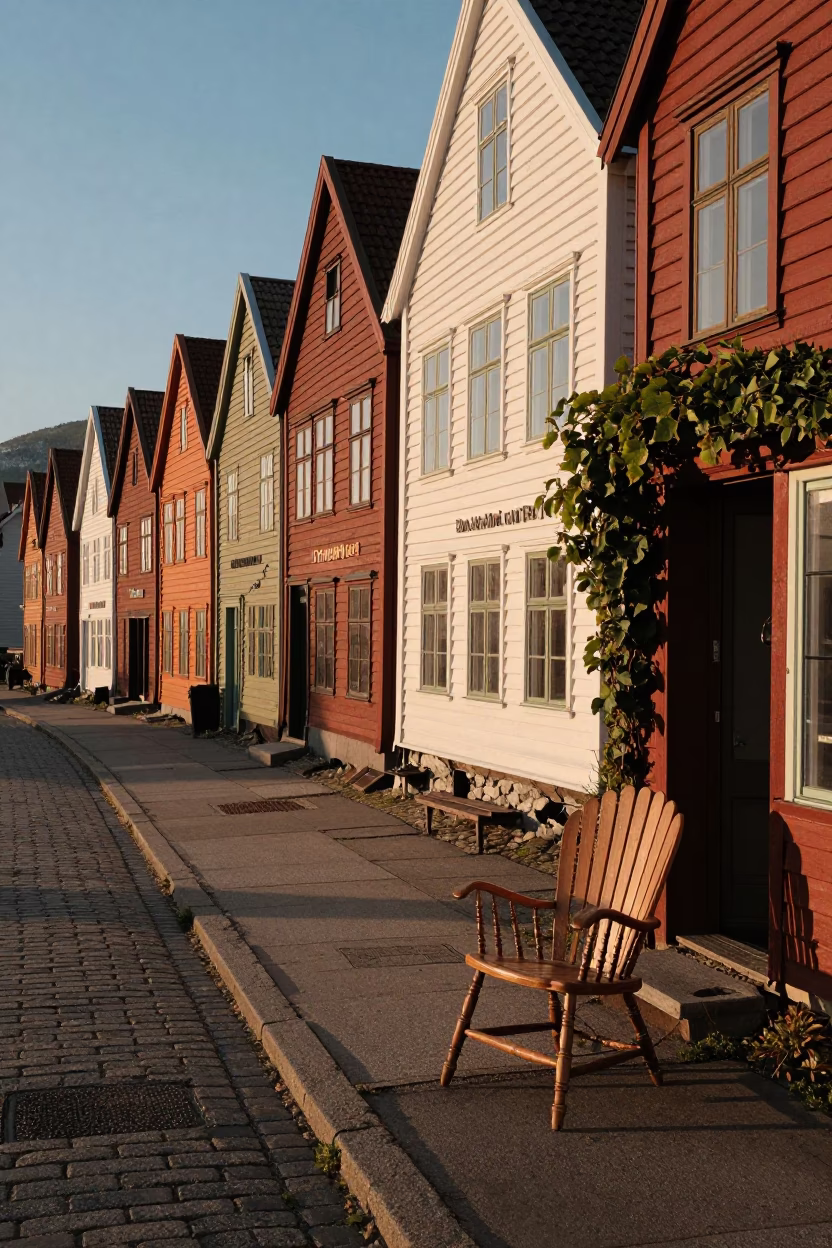 Bergen Norway Sunset Street Scene with Spindle Chair and Ivy Vines in in Bergen, Norway