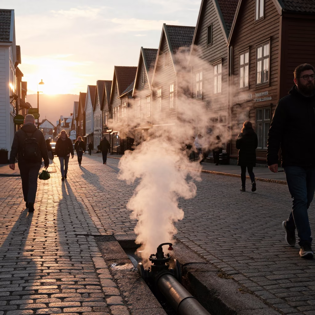 Bergen Norway Sunset Street Scene with Steaming District Heating Pipes and Autumn Leaves in in Bergen, Norway