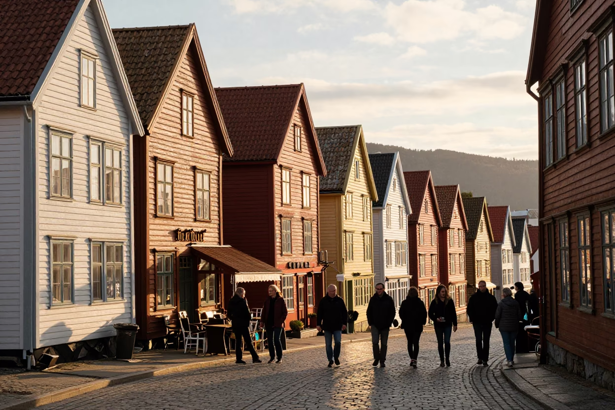 Bergen Norway Sunset Street Scene with Traditional Architecture and Local Life in in Bergen, Norway