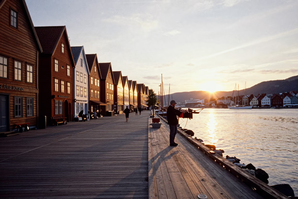Bergen Norway Sunset Street Scene with Traditional Wharf and Drying Fish in in Bergen, Norway