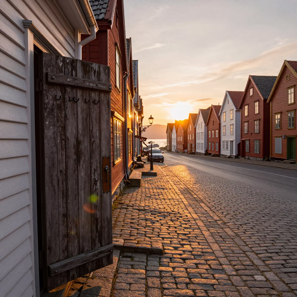 Bergen Norway Sunset Street Scene with Vintage Tool Hooks and Ash Shovel in in Bergen, Norway