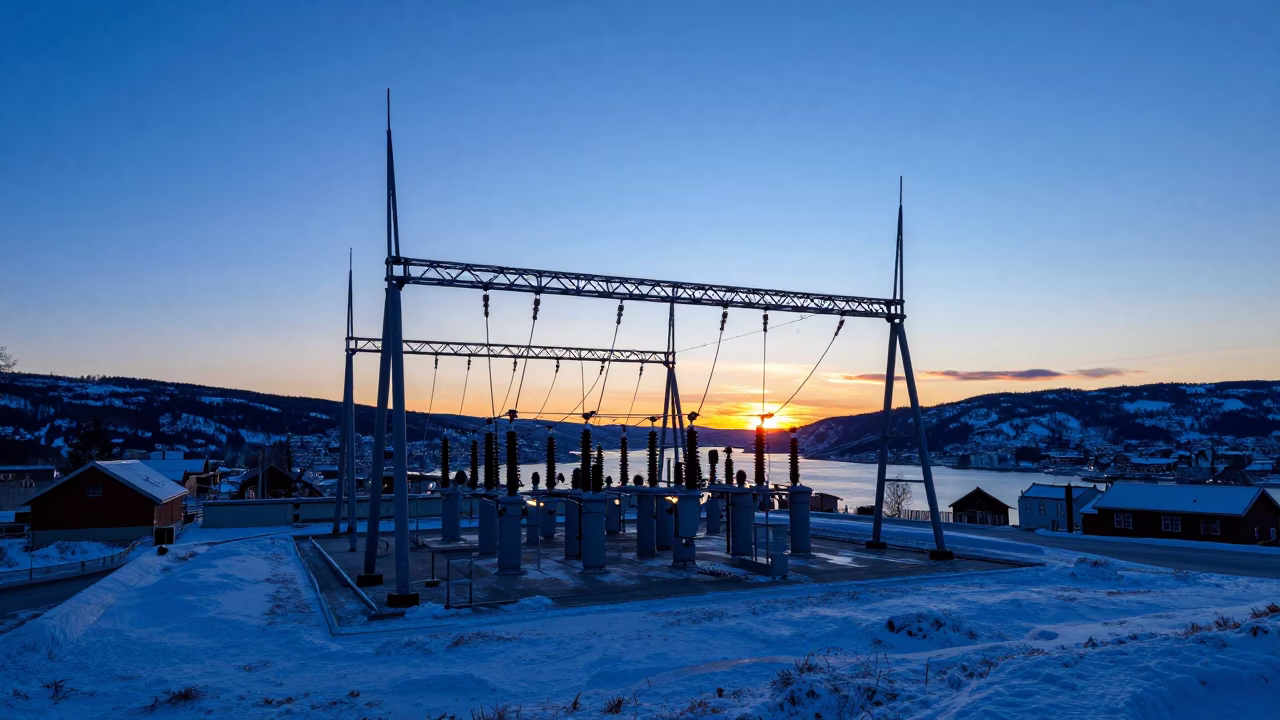 Bergen Norway Sunset Substation Busbars Glowing Faintly Under Ice Blue Twilight in in Bergen, Norway