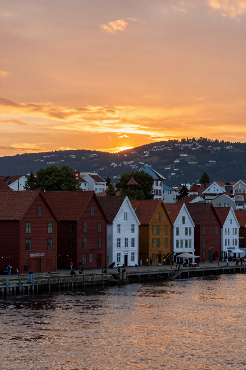 Bergen Norway Sunset View from Bryggen Wharf with Colorful Hanseatic Houses and Fjord Background in in Bergen, Norway
