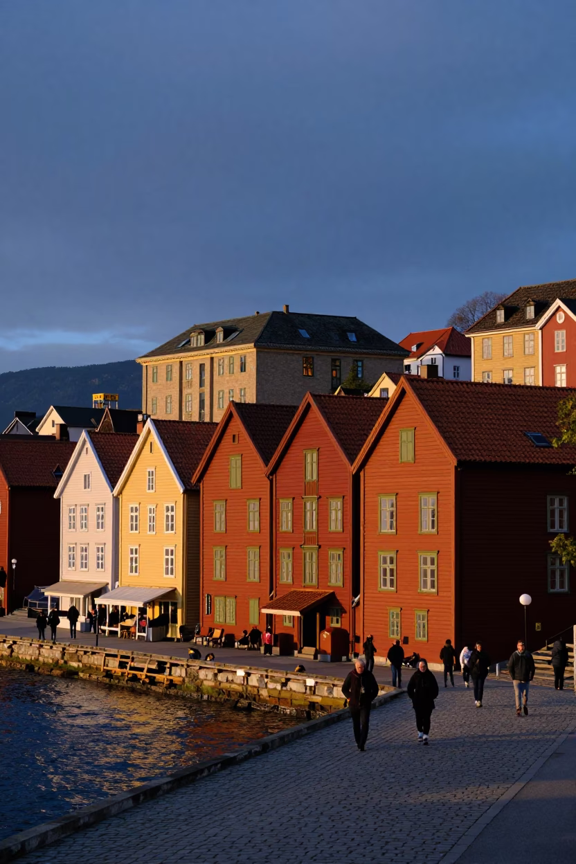 Bergen Norway Sunset View from Bryghan Wharf with Colorful Hanseatic Buildings and Harbor Activity in in Bergen, Norway