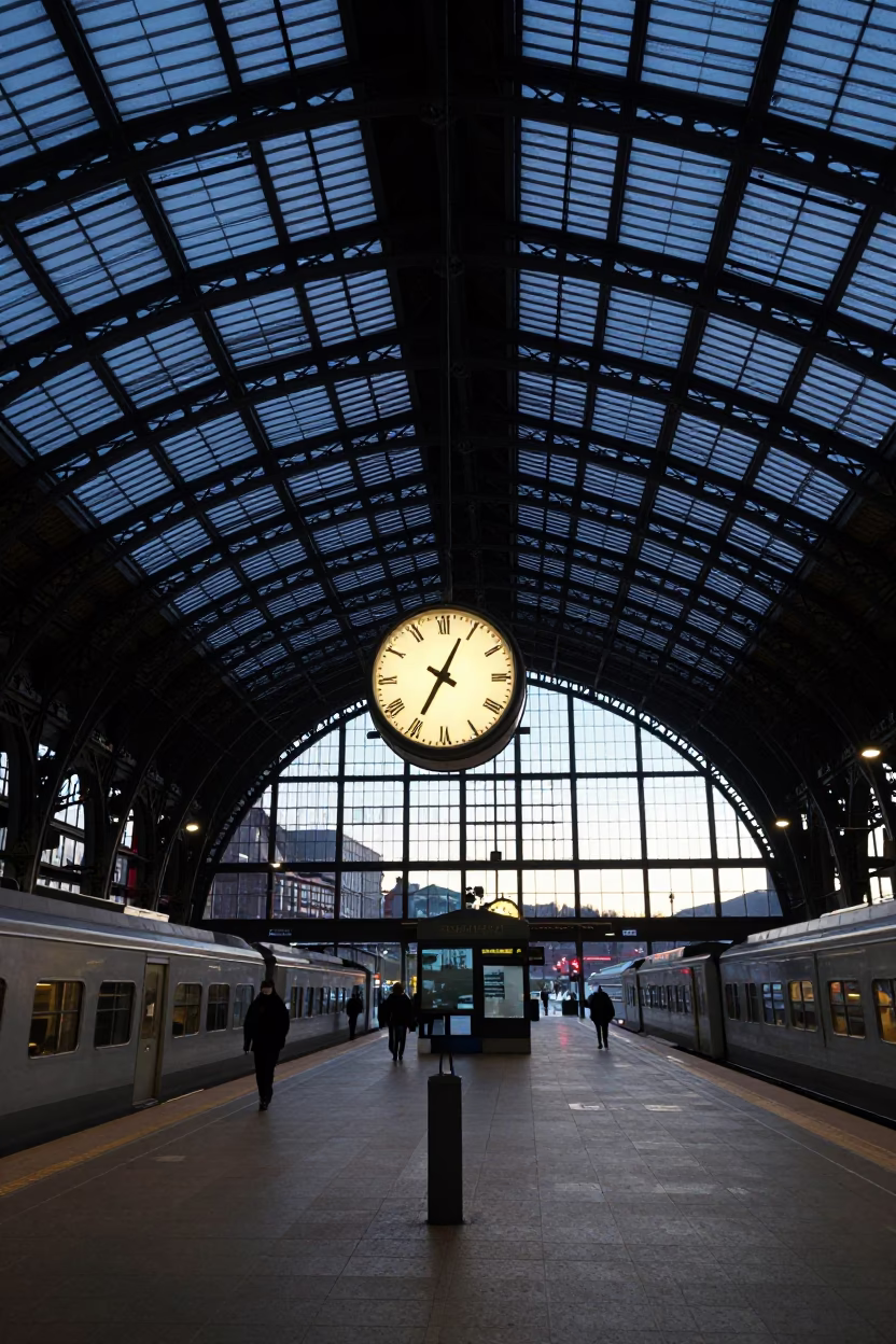 Bergen Norway Train Station Interior Pre-Dawn Clock Under Iron Roof in in Bergen, Norway