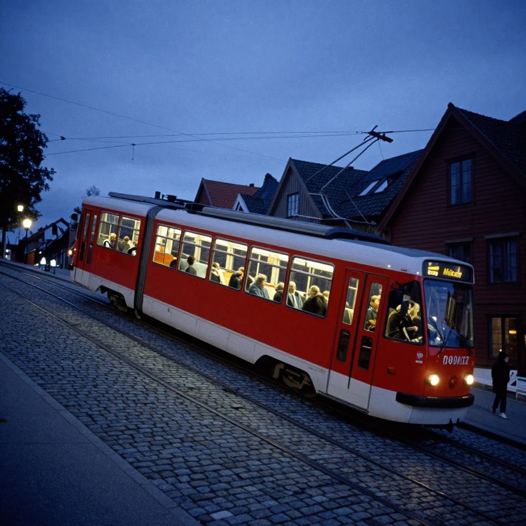 Bergen Norway Tram Climbing Steep Hill in Indigo Twilight with Harbor Reflections in in Bergen, Norway