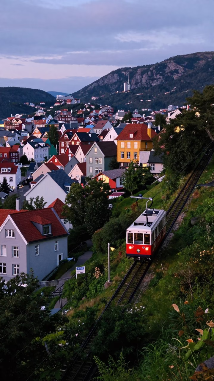 Bergen Norway Twilight Funicular Climbing Steep Hill with Colorful Houses in in Bergen, Norway