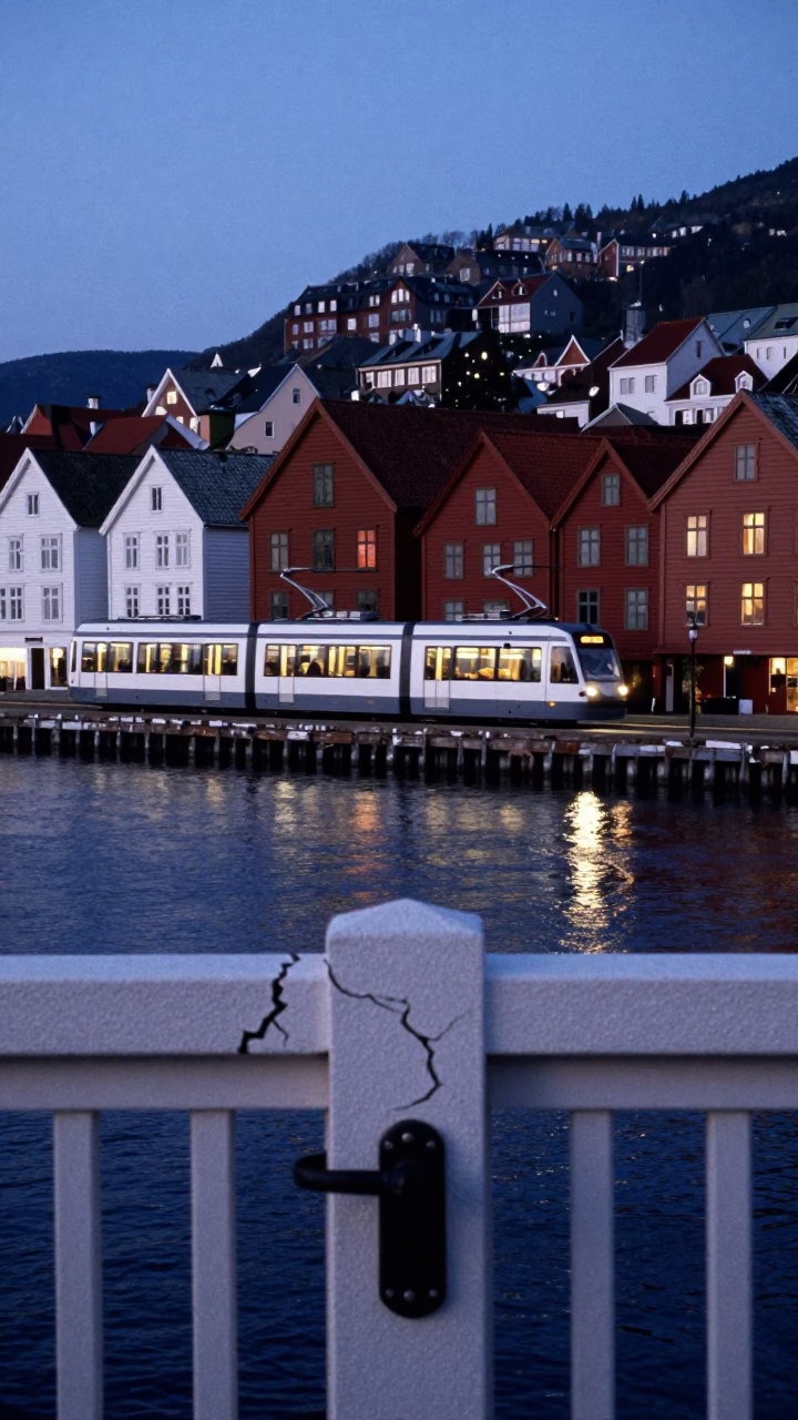 Bergen Norway Twilight Monorail Above River Cracked Stucco Gate Handle in in Bergen, Norway