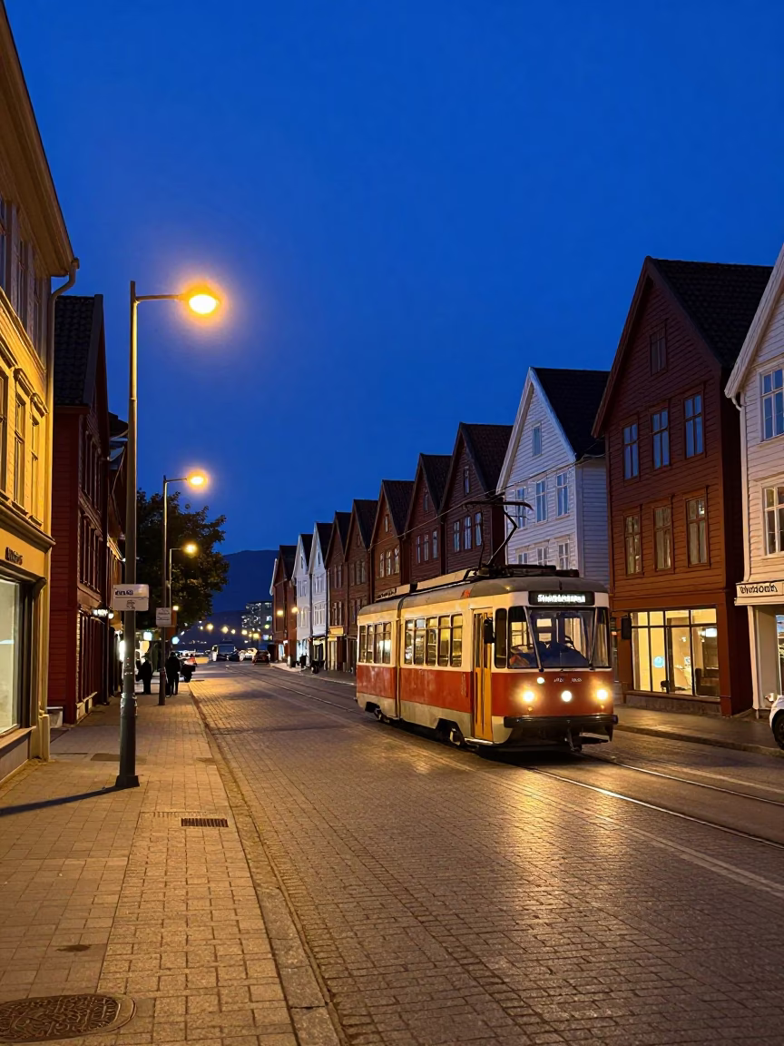 Bergen Norway Twilight Street Scene with Cobalt Sky and Lattice Power Infrastructure in in Bergen, Norway