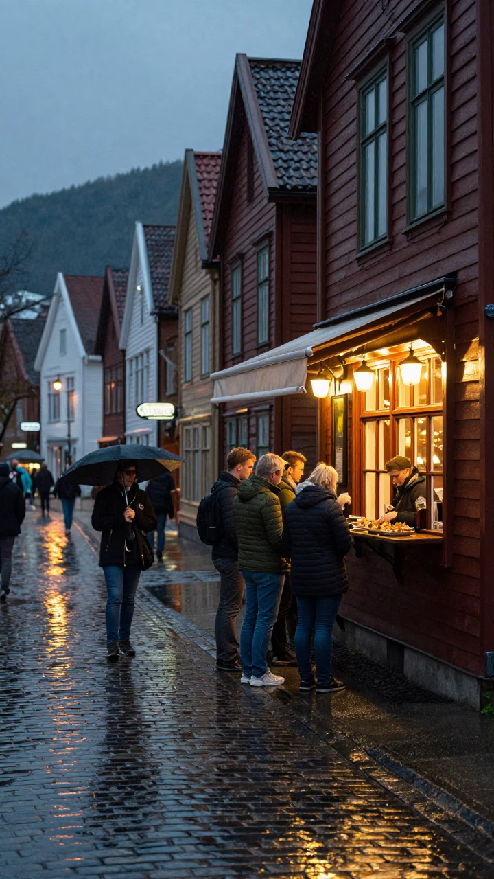 Bergen Norway Twilight Street Scene with Rainy Cobblestones and Local Pub Atmosphere in in Bergen, Norway