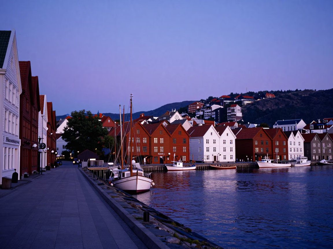 Bergen Norway Twilight Street Scene with Traditional Bryggen Wharf and Local Pedestrians in in Bergen, Norway