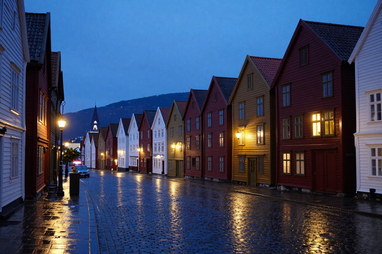 Bergen Norway Twilight Street Scene with Traditional Wooden Houses and Wet Cobblestones in in Bergen, Norway