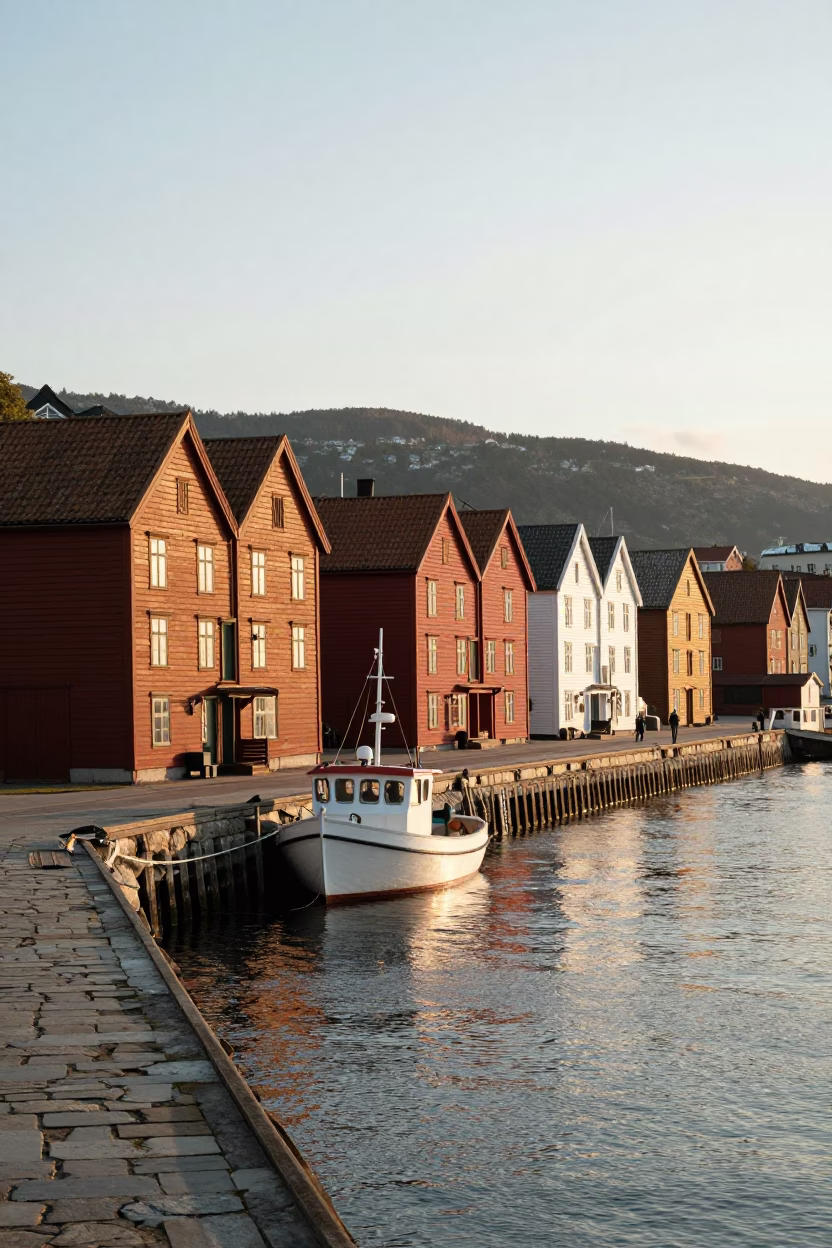 Bergen Norway Wharf Morning Light and Traditional Rorbu Houses in in Bergen, Norway