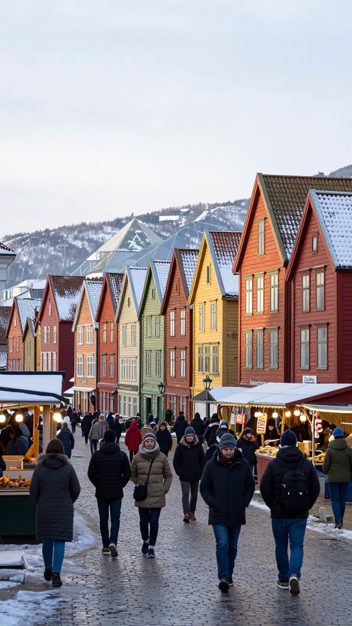 Bergen Norway Winter Noon Street Scene with Local Market Activity in in Bergen, Norway