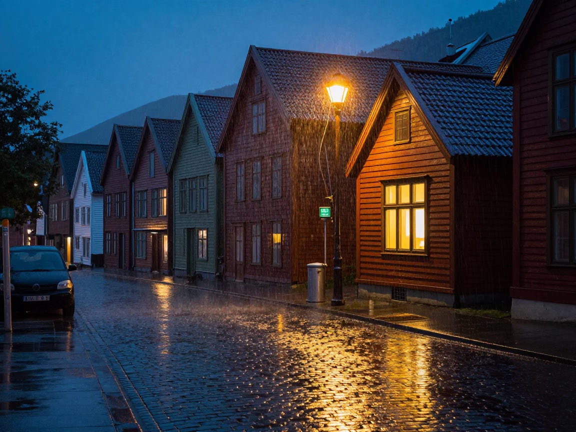 Bergen Rainy Midnight at Midnight Light in in Bergen, Norway
