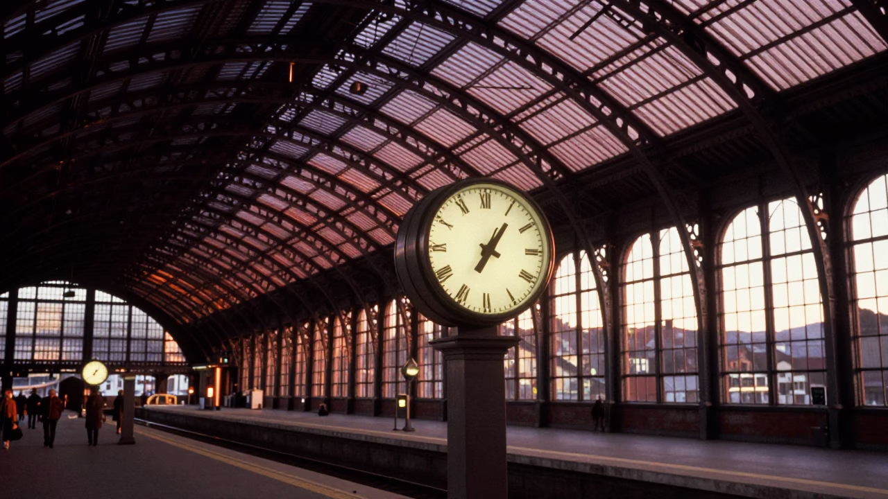 Bergen Station Clock at Copper-toned Light Before Dusk in in Bergen, Norway